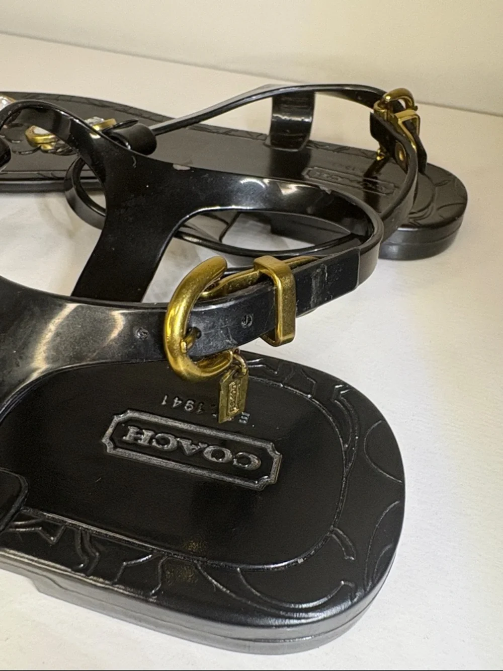 Coach Black Jelly Floral T-Strap Sandals with Gold Accents - Picture 4 of 6
